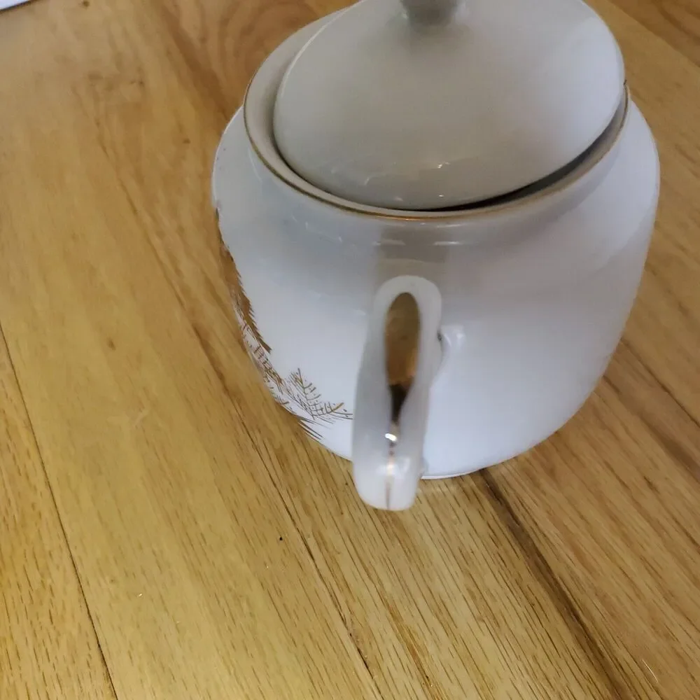 Kutani White & Platinum Hand Painted Sugar Bowl Kutani 1950s China Vintage